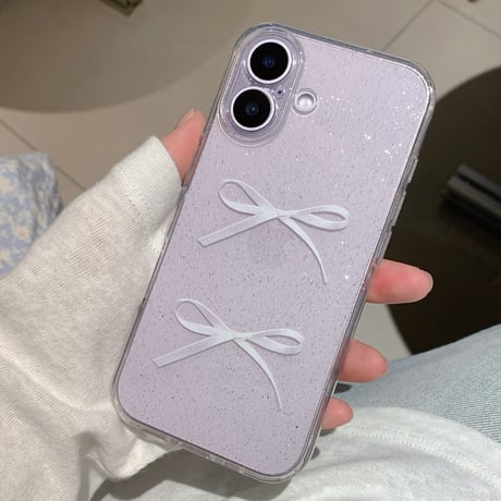 ラベンダーに合う iPhone17ケース リボン キラキララメ iPhone17Pro/16/15カバー クリア 女子力アップ [M6037]