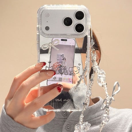 犬ちゃんミラー iPhone17pro/17ケース ジュエリーリボンデコ iPhone16/15proケース 可愛いストラップ 女子力高い[M6087]