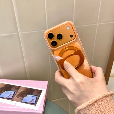 熊耳付リングスタンド iPhone17/17Proケース MagSafe対応 透明 iPhone16Pro/15/14ProMaxケース シンプル風 高品質[M6248]