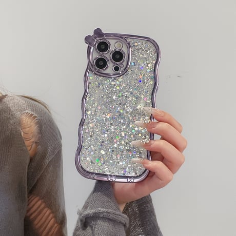 うねうねキラキラ iPhone16/16Proケース リボンデコ iPhone15Pro/14/13カバー グリッター入り 女子力UP [M4788]