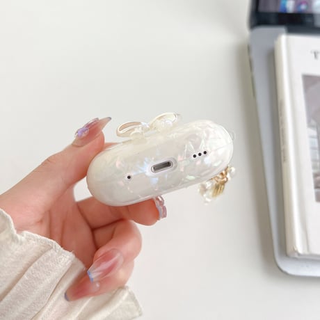 【Airpods 4】キラキラリボン AirpodsPro2ケース 貝殻紋 airpods3/2/1ケース  オシャレリボンアクセサリー付 ソフト ギフトに最適 [M2676]