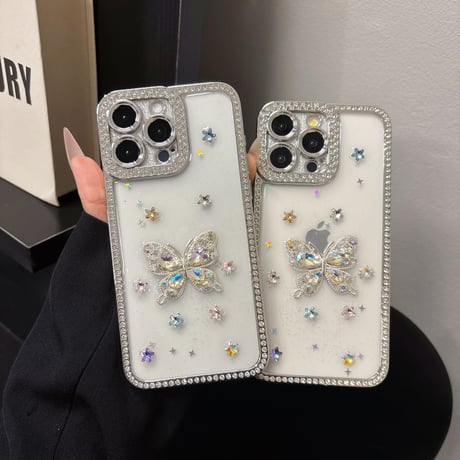 ダイヤ蝶 iPhone16pro/16ケース ジュエリー iPhone14/13pro/12カバー 大人可愛い おしゃれさん愛用[M5264]