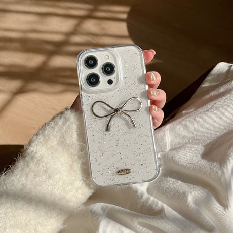 リボン iPhone15/15pro/16plusケース キラキララメ入り iPhone14/13pro/12ケース 女子力アップ シック[M3859]