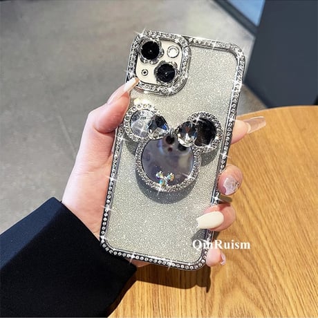 ミラー/ハートダイヤグリップ iPhone15/15Proケース ストーンサイド キラキラ アイフォン14pro/13/12カバー 綺麗 便利 [M3889]