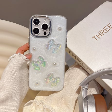 キラキラリボン iPhone16/16Proケース パールデコ iPhone15Pro/14/13/12カバー かわいい 女子力UP [M5018]
