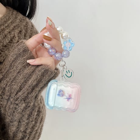 バラ柄 Airpodspro2ケース 波紋枠グラデーション airpods3/2/1ケース  真珠ストラップ付  かわいい シック 人気 [M2988]