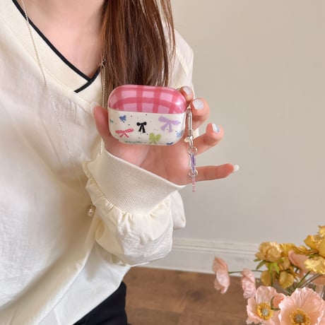 リボン Airpods 4ケース チェック柄 Airpods3/Pro2ケース airpodsproカバー リボンキーホルダー/リング付 [M5101]