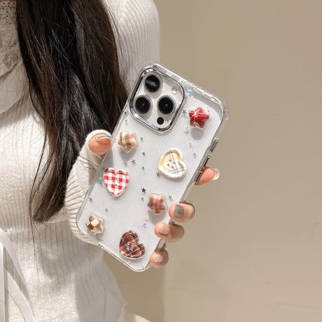 ハートボタン iPhone16/16Proケース ラメ入り 透明 iPhone15/14/13/12Proカバー トレンド 女子力高い [M5024]