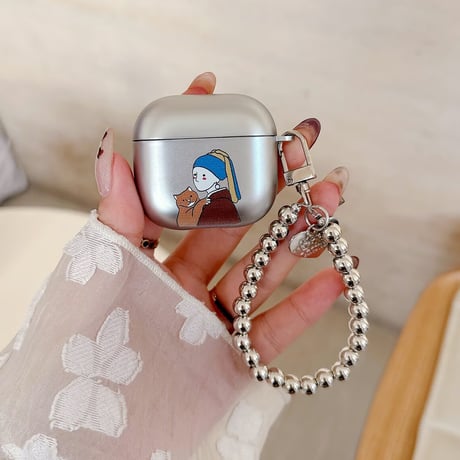 メッキ AirpodsPro3ケース 高級感シルバー Airpods4/3カバー AirpodsPro第2/1世代 ビーズストラップ ギフトに最適[M6479]