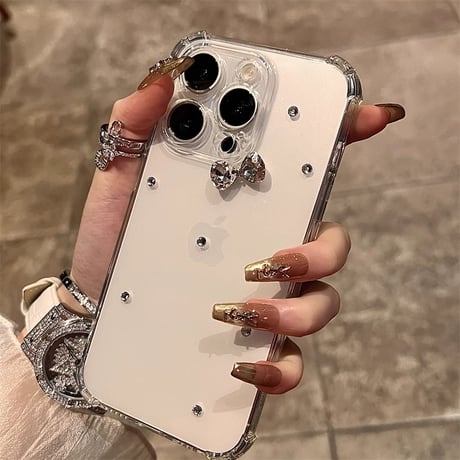 ダイヤリボン iPhone16/16Proケース 四角耐衝撃 iPhone15/14/13/12Proクリアカバー シンプル ハンドメイド ガーリーファッション [M5045]