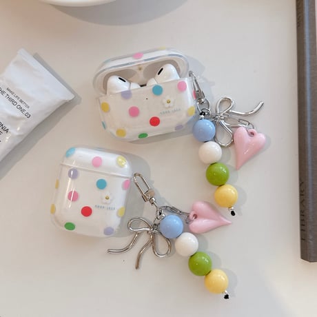 多彩水玉模様 Airpods Pro3ケース ハートリボンキーホルダ付き Airpods 4/3カバーケース AirpodsPro2/1 かわいい ギフトにおすすめ [M6401]
