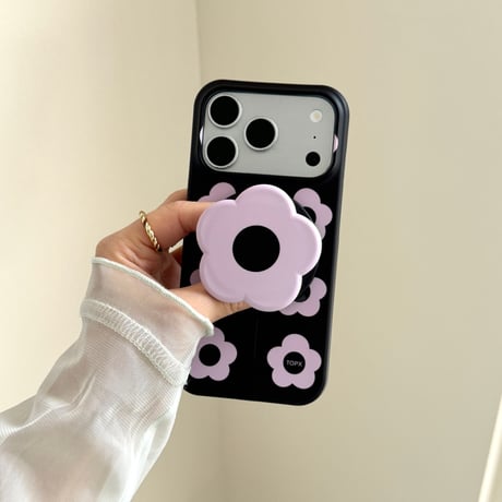 パープル花柄 iPhone17/17Proケース マグネット式グリップ付 iPhone16Pro/15promaxケース 可愛い便利 甘めコーデ [M6425]