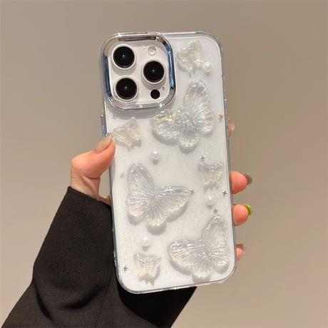 ストラップ付 iPhone16/16Proケース 花/蝶デコ クリア iPhone15Pro/14/13proカバー 可愛い おしゃれ [M4995]