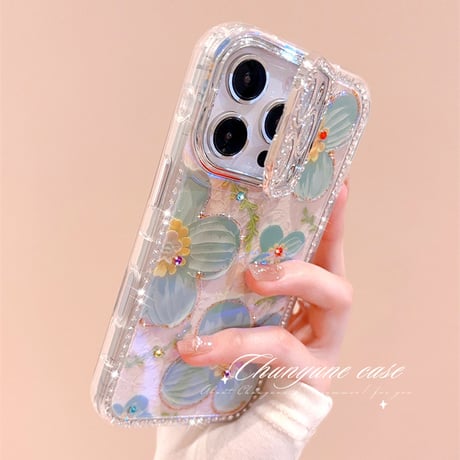 ジュエリーカメラカバースタンド iPhone17/16Proケース 油絵花柄 iPhone15pro/14/13カバー 綺麗 多機能便利[M5586]