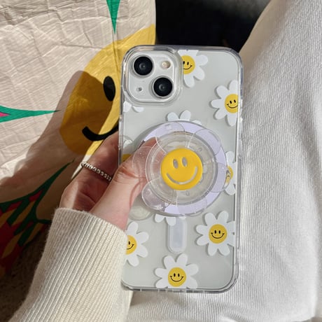 笑顔の花 iPhone15/15proケース MagSafeグリップ iPhone14/13pro/12クリアケース かわいい きれい ギフトにおすすめ[M3997]