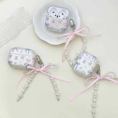 指紋防止マット仕上げ Airpods Pro3ケース リボン柄 Airpods 4/3カバー  AirpodsPro2/1  パールリボンキーホルダー 可愛すぎ[M6336]