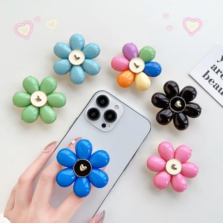 ハート付花 スマホグリップ   伸び縮み可 オシャレ 回転可能 グリップトーク  スマホリング  落下防止 スタンド機能 可愛い  綺麗[M2131]