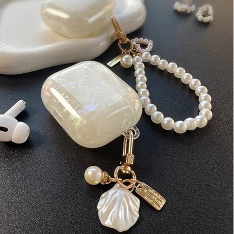 シェル Airpods4 カバー 光沢感 上品 airpodspro2ケース  パールストラップ/貝殻アクセサリー付  エアーポッズ3/pro1カバー  オシャレ 高級感[M4924]