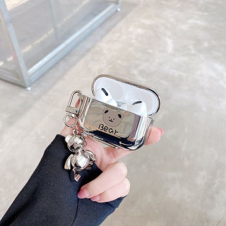 銀色bear airpodsproケース  クマキーホルダー付  airpodsカバー   首掛け チェーン付き 高品質ソフトケース 金属ツヤ感あり キラキラ  M566
