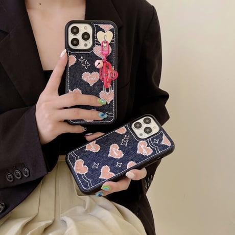 デニム 刺繡 ピンクハート柄 iphone14plus/14proケース  可愛すぎ  iphone13/12/11カバー  高品質  高級感 プレゼントにおすすめ [M2247]