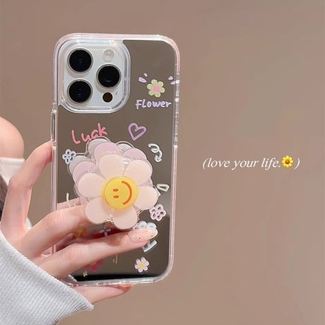 韓国風 iPhone16pro/16ケース 鏡付 にこちゃん回転可花グリップ iphone15pro/14/13proカバー 可愛い スタンド付 夏人気品[M5285]