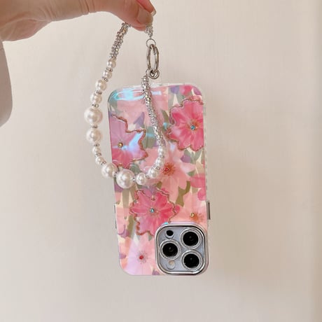 光る花柄 iPhone15/15proケース パールストラップ付 iPhone14pro/13promax/12ケース 可愛い 春夏コーデ[M4111]