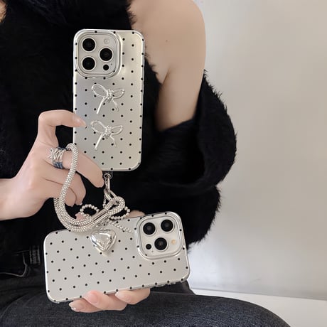 水玉模様 iPhone16/16proケース リボン ハートストラップ iphone15pro/14/13/12proカバー  綺麗 人気 ガールズファッション[M5082]