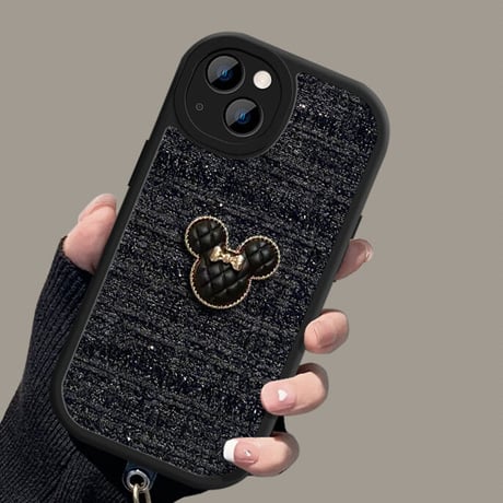 オシャレ iPhone14/14proケース  リボン 真珠ストラップ付アイフォン13/12/11proケース セレブ愛用 ツイード生地 実用 可愛い [M2408]