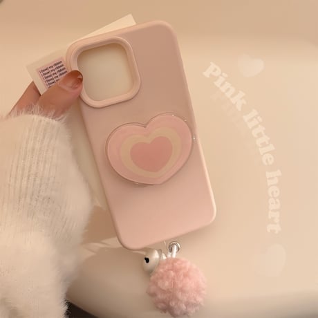 ピンク iPhone16/16Proケース ハートグリップ 毛玉チャーム付 iPhone15Pro/14pro/13/12ケース 大人かわいい[M4762]