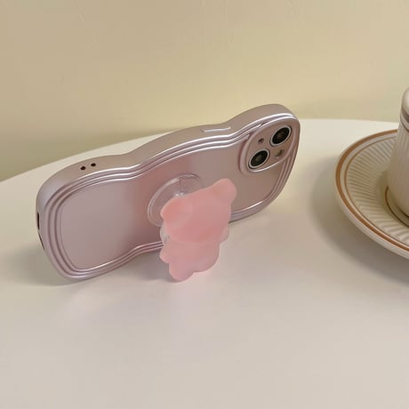 熊さんグリップ iphone14/14proケース  ローズゴールド色 iphone13/12/11カバー 波紋枠 落下防止 滑りにくい[M2566]