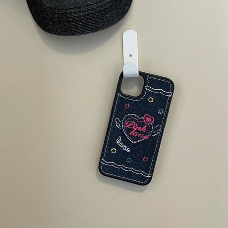 デニム生地 刺繡入り iphone14/14proケース  ハート柄  iphone13/12/11/XRカバー  高品質  高級感 ギフトにおすすめ [M2246]