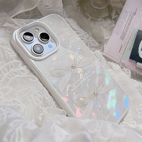 シェル風 iPhone15/15proケース リボン柄 立体パール iPhone14/13pro/12ケース かわいい きれい 女子力UP[M4003]