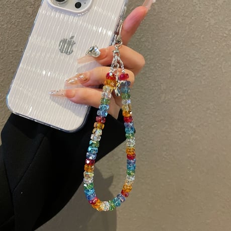 虹色 スマホストラップ キーホルダー キラキラクリスタル 女子力アップ 大人可愛い 高級感おしゃれ iphone、Google Pixe、AQUOS、Galaxyなど全種類対応 [M5581]