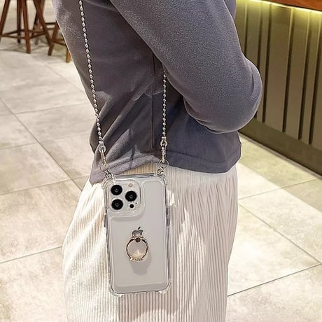 リング/ショルダーチェーン付 アイフォン15/15プロケース 四角耐衝撃 iPhone14pro/13/12カバー シンプル 多機能 [M4297]