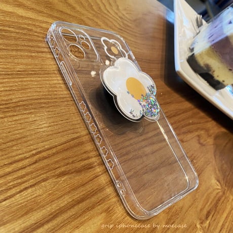 グリッター花グリップ  iphone12/11ケース  花柄枠 iphoneSE2/XS/8 plusクリアカバー 卓上スタンド  可愛い 耐久性あり  M823