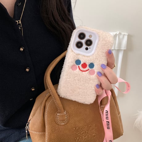 ファー 笑顔 iphone15/15Proケース  刺繡入り iPhone14/13/12Proカバー  かわいい 秋冬人気アイテム 手さわりいい[M3590]