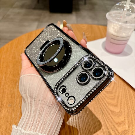 iPhone17/17Proケース 鏡付Magsafeリングスタンド iPhone16/15Proケース  ストーン  綺麗 多機能 コスパ最強[M3769]