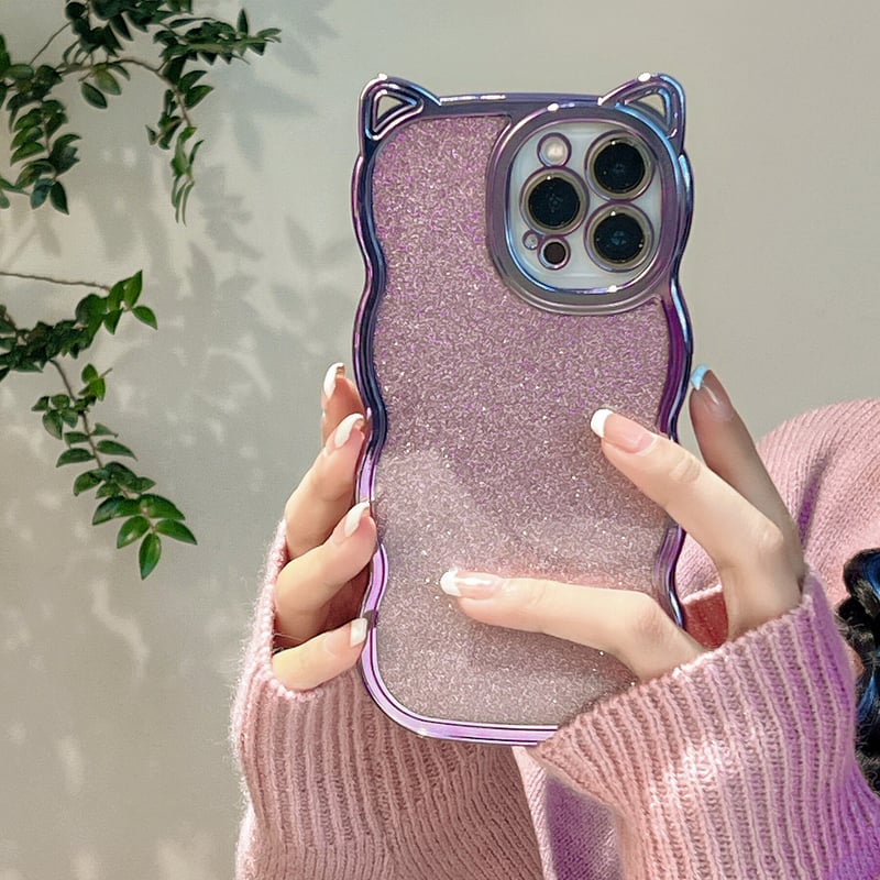 紫色 猫の耳 iphone17/17proケース ラメ入りシール付 キラキラ