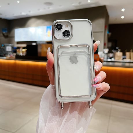 カード入れ iPhone15pro/16ケース ストラップ付 メッキ アイフォン14/13/SEカバー 便利 シンプル[4347]