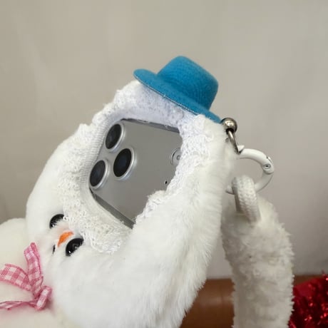ファー雪だるま iPhone17Pro/17ケース フワフワ 柔らかい  iPhone17ProMax/16/15Pro/14ケース 肩掛けストラップ付 ギフトにおすすめ[M5955]