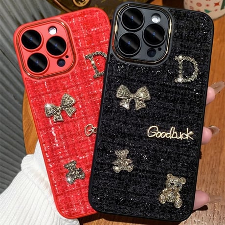 布地 iPhone16/15plusケース  放熱仕様 iPhone14/13proソフトケース カメラ保護 リボン熊ちゃんデコ 秋冬人気[M3618]