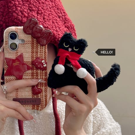 黒猫 Airpods 4 ケース  マフラー めっちゃ可愛い  AirpodsPro2/Pro1カバー  Airpods3/2  ラムウール プレゼントにおすすめ[M4775]