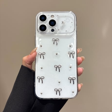 メタルリボン iPhone17/17Proケース 高透明 iPhone16ProMax/15Pro/14カバー カメラ保護 軽量 [M6537]