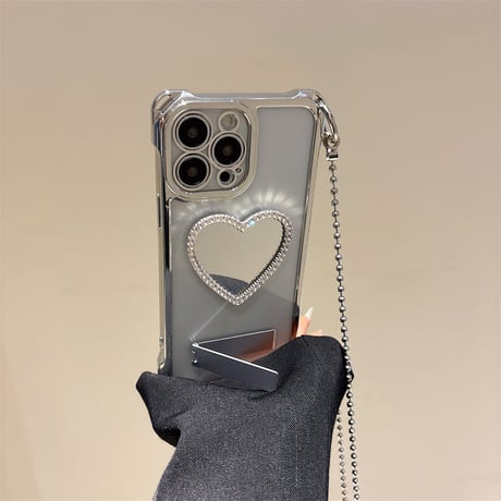 ジュエリーハートミラー アイフォン16pro/15ケース スタンド付 ショルダーストラップ付 iPhone14/13pro/12カバー 大人可愛い 多機能[M5240]