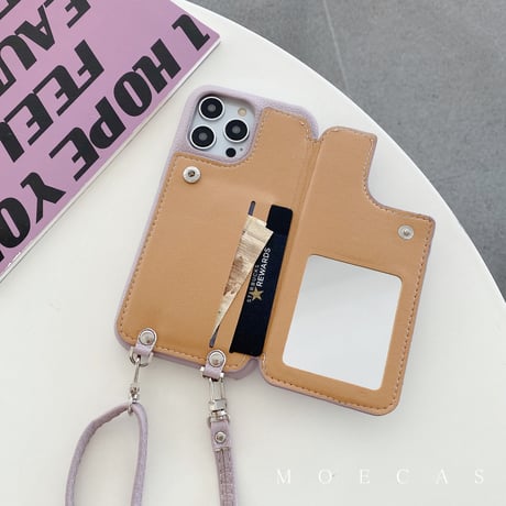 ミラーカード入れ付き iPhone14/15proケース リング ストラップ付 アイフォン13ミニ/12プロカバー レザー 多機能便利[M2830]