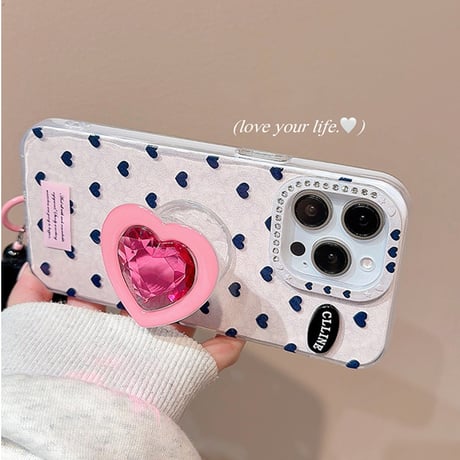 ハートダイヤグリップ iPhone17/16Proケース ストラップ付 iPhone15/14/13promaxカバー 女子力アップ 可愛い[M5567]