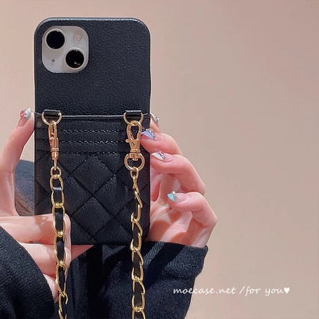 交通カードポケット付 iphone15/14proケース キルティングレザー アイフォン13pro/12カバー 肩掛けストラップ付 高級感 人気デザイン[M3395]