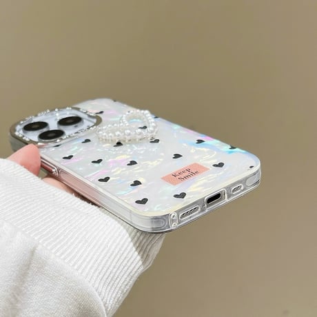 パールハート iPhone15/15proカバー シェル風 iPhone14pro/13pro/12proケース かわいい キラキラ 女子 ギフトに最適[M4079]