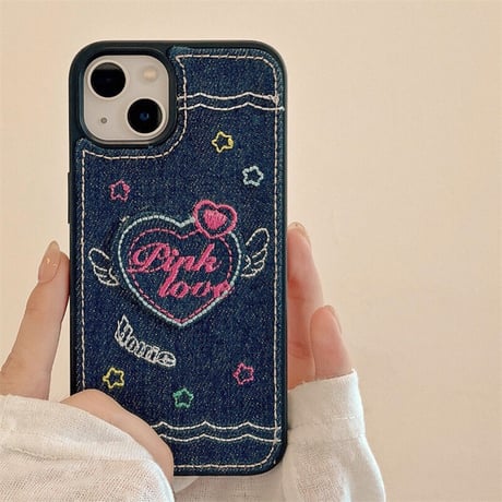 デニム生地 刺繡入り iphone14/14proケース  ハート柄  iphone13/12/11/XRカバー  高品質  高級感 ギフトにおすすめ [M2246]