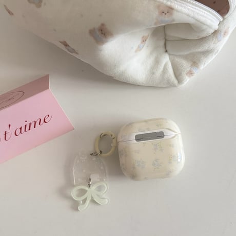 淡色系 Airpods Pro3ケース ベージュ 花柄 Airpods 4/3カバーケース AirpodsPro2/1 リボンキーホルダー 高級感 [M6378]